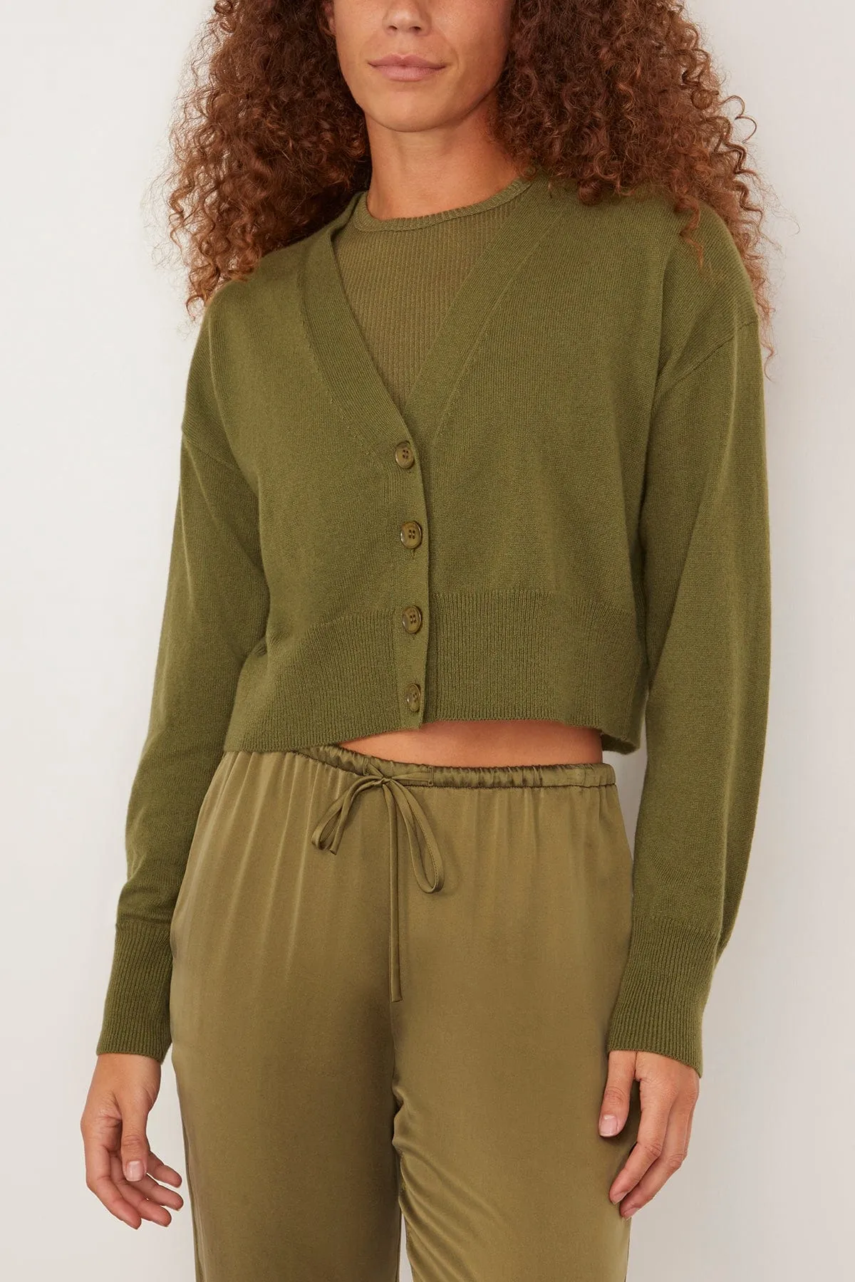 Adele Cropped V-Neck Cardigan in Olive