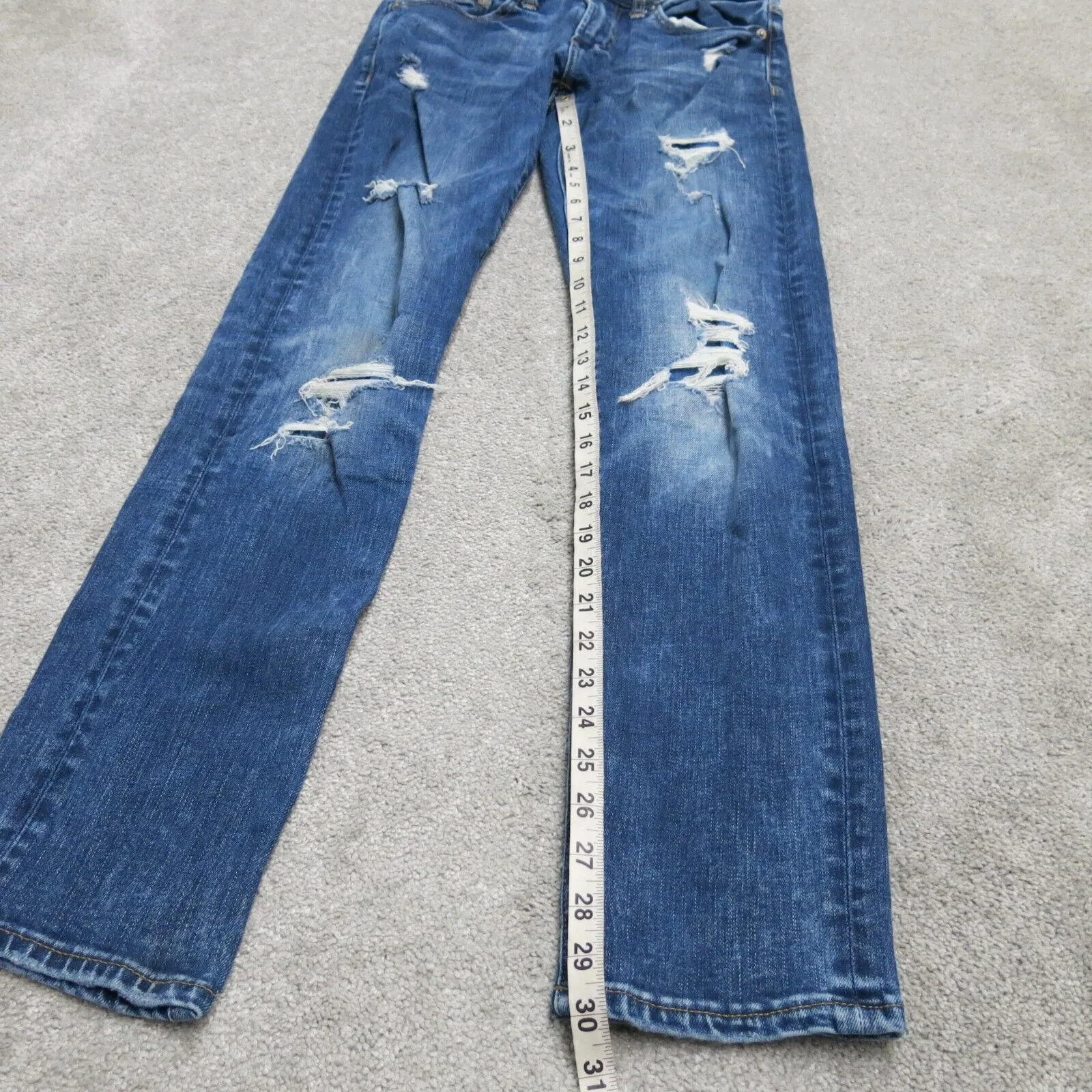 American Eagle Mens Slim Straight Denim Jeans Distressed Low Rise Blue W28XL32