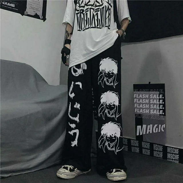 Anime Print Jeans | High Waist Baggy Hip Hop Trousers | Anime Print Wide Leg Pants | Hip Hop Streetwear Women Trousers | Streetwear Jeans