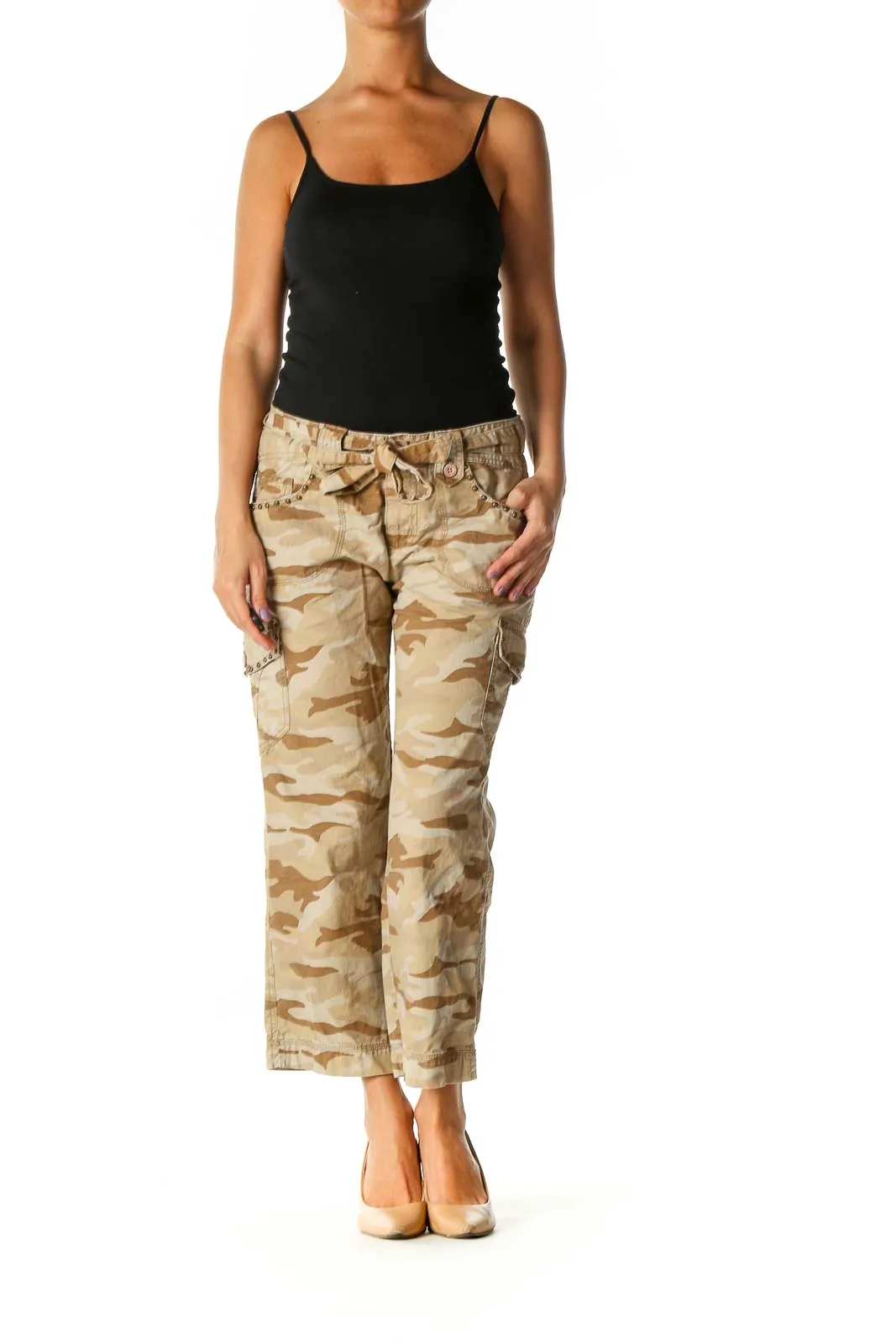 Beige Camouflage Print Casual Cargos Pants