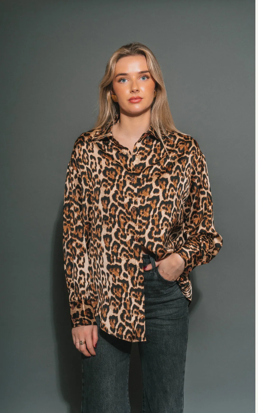 Bianca Satin Button Up Shirt | Leopard