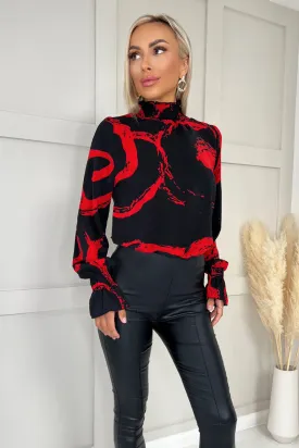 Black And Red Printed Long Sleeve Shirred Detail Top