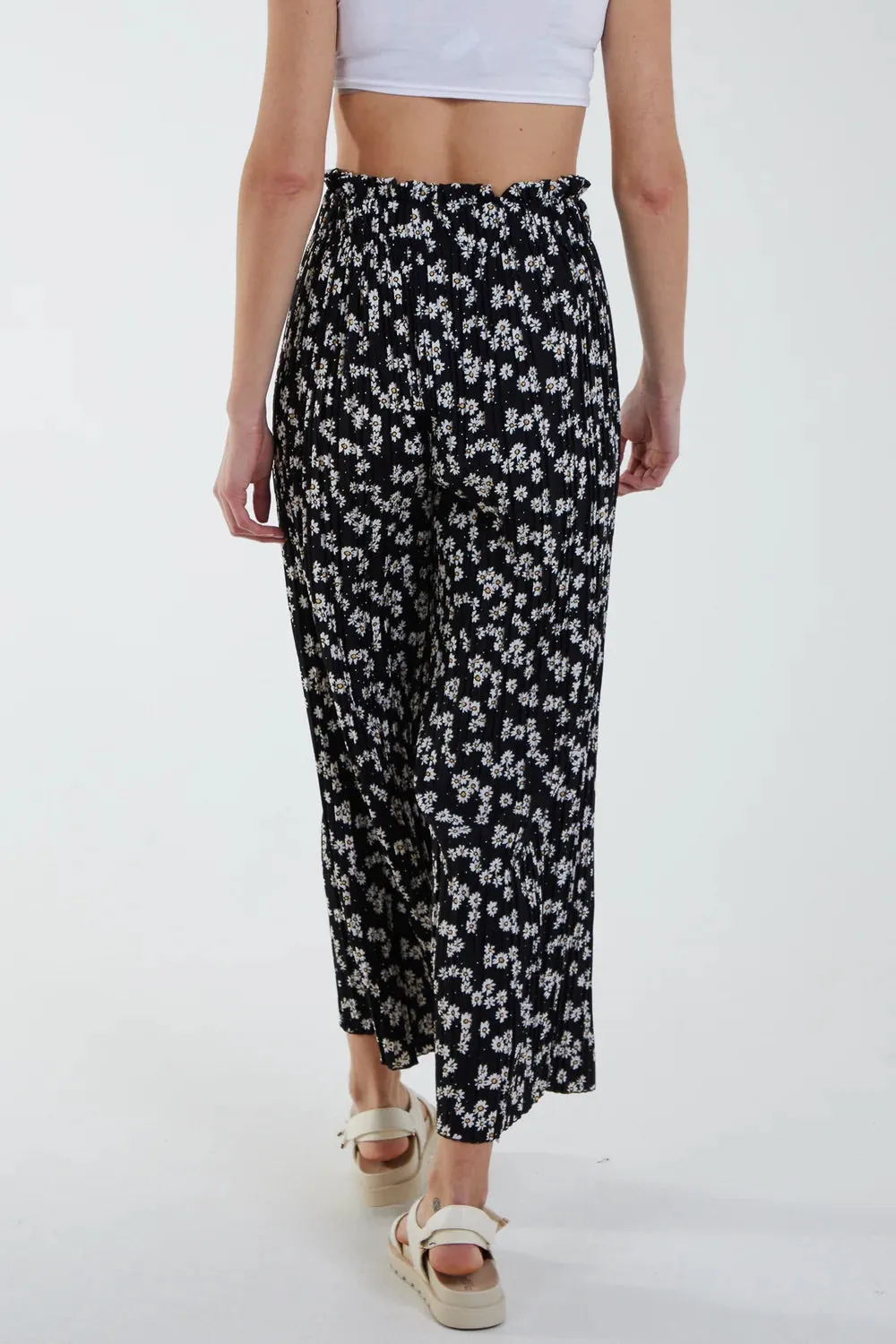 Black Daisy Print Pleated Wide Leg Trousers