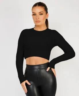 Black Long Sleeve Cropped Cable Knit Sweater