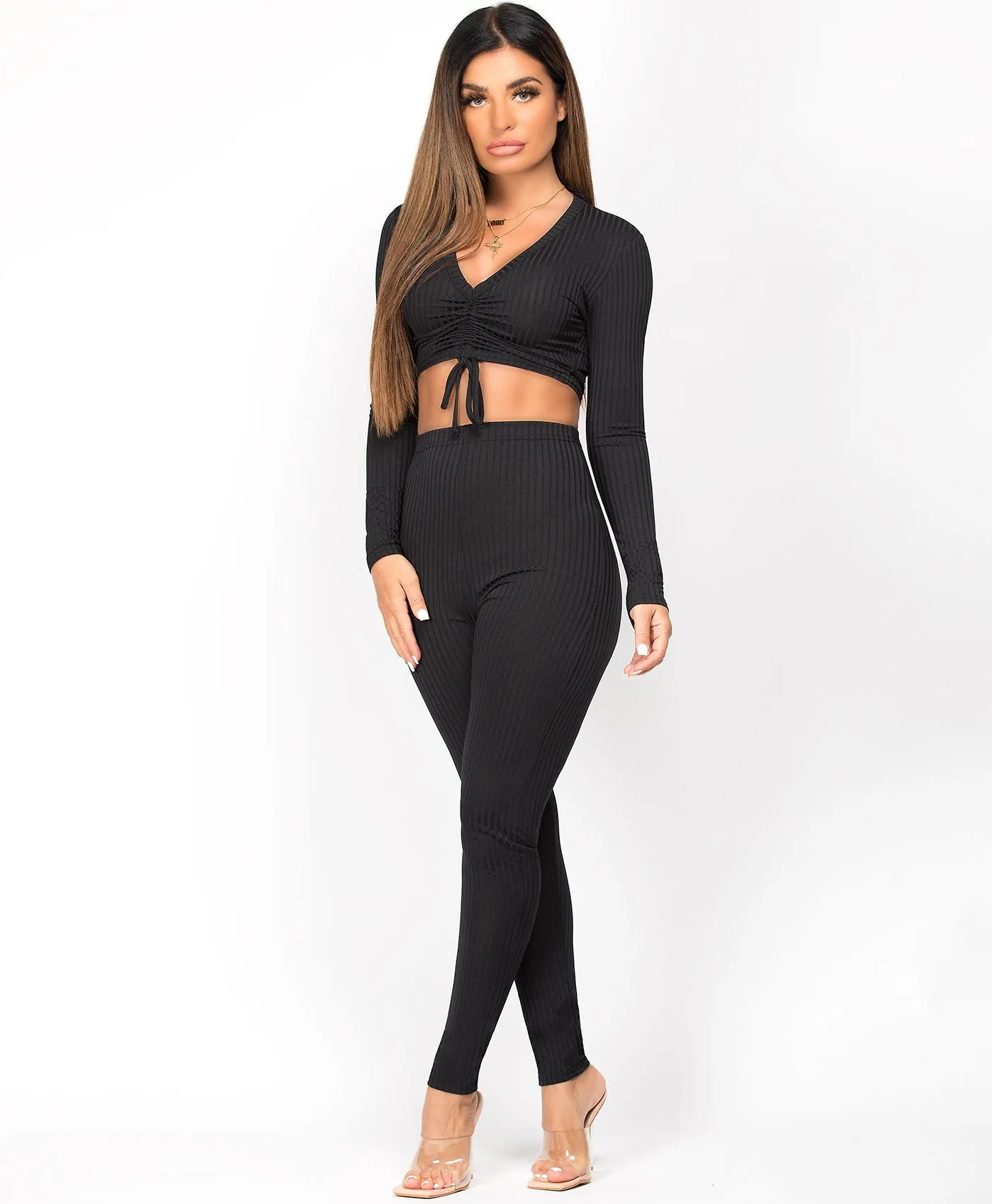 Black Ribbed Tie Front Crop Top Loungewear Set