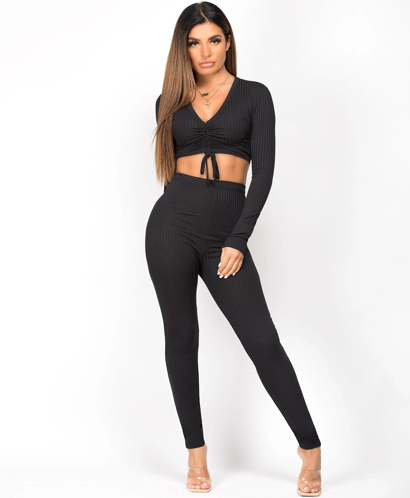 Black Ribbed Tie Front Crop Top Loungewear Set