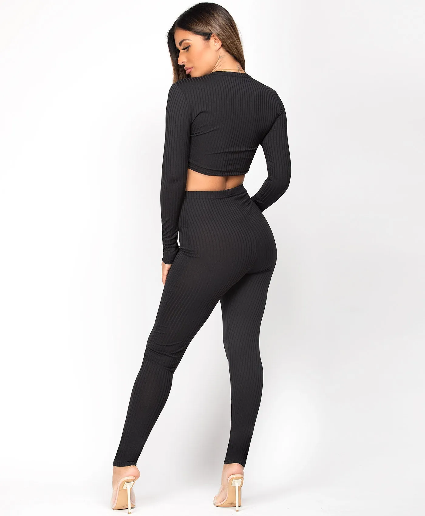 Black Ribbed Tie Front Crop Top Loungewear Set