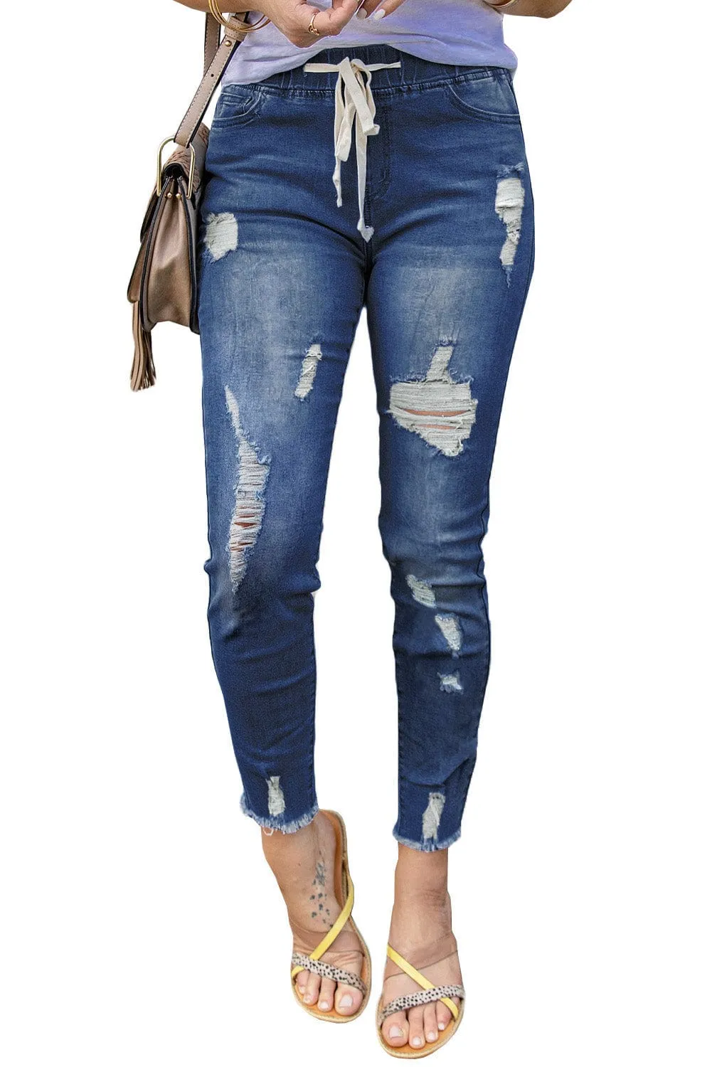 Blue Distressed Drawstring Waist Skinny Jeans