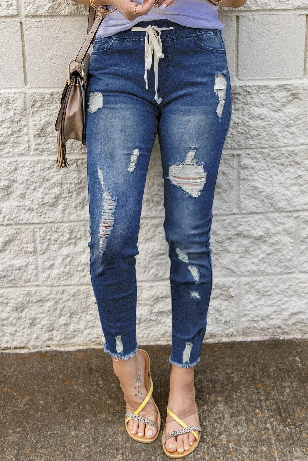 Blue Distressed Drawstring Waist Skinny Jeans