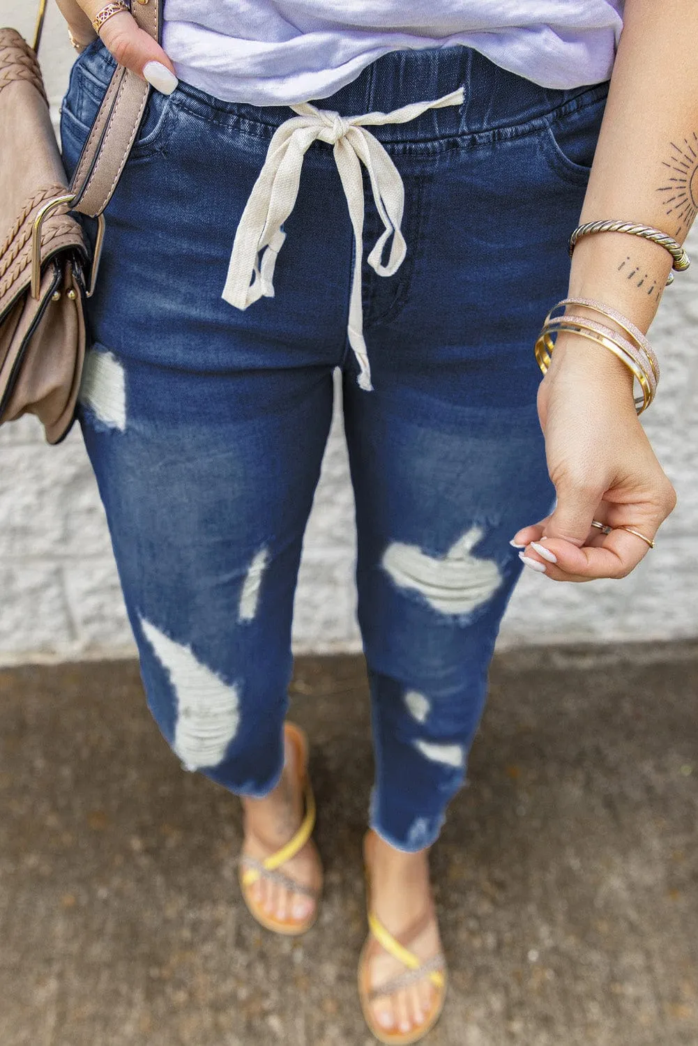 Blue Distressed Drawstring Waist Skinny Jeans