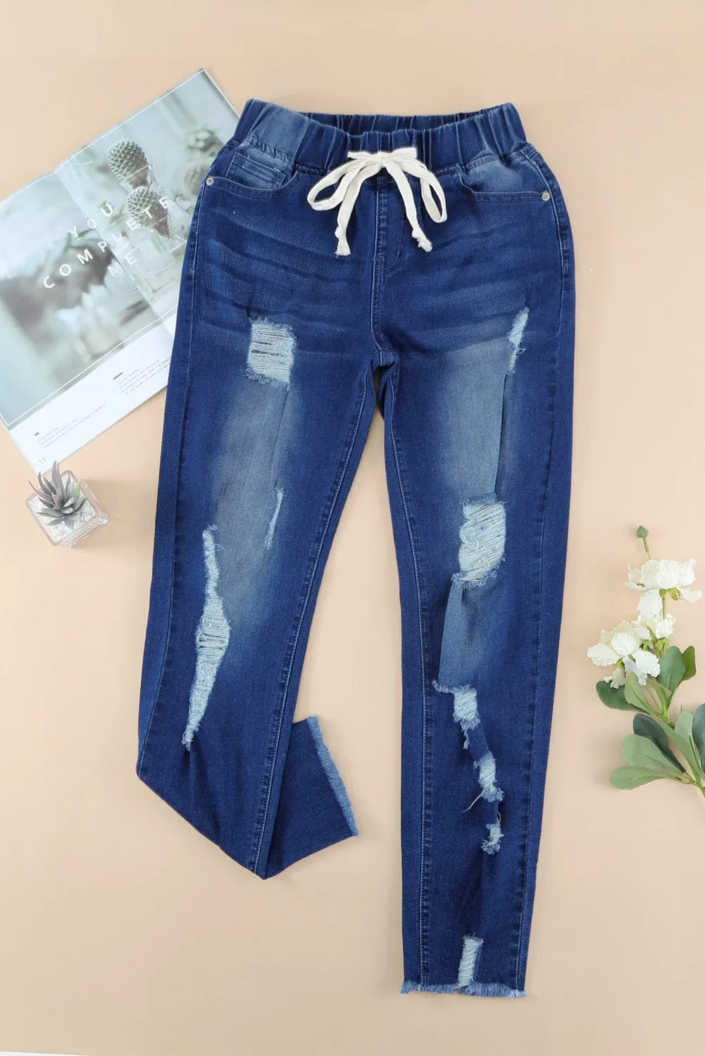 Blue Distressed Drawstring Waist Skinny Jeans