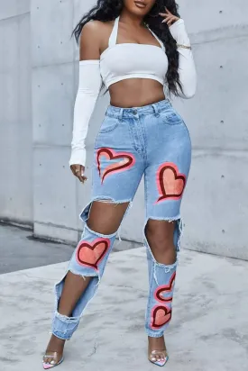 Blue High Waisted Heart Print Ripped Mom Jeans