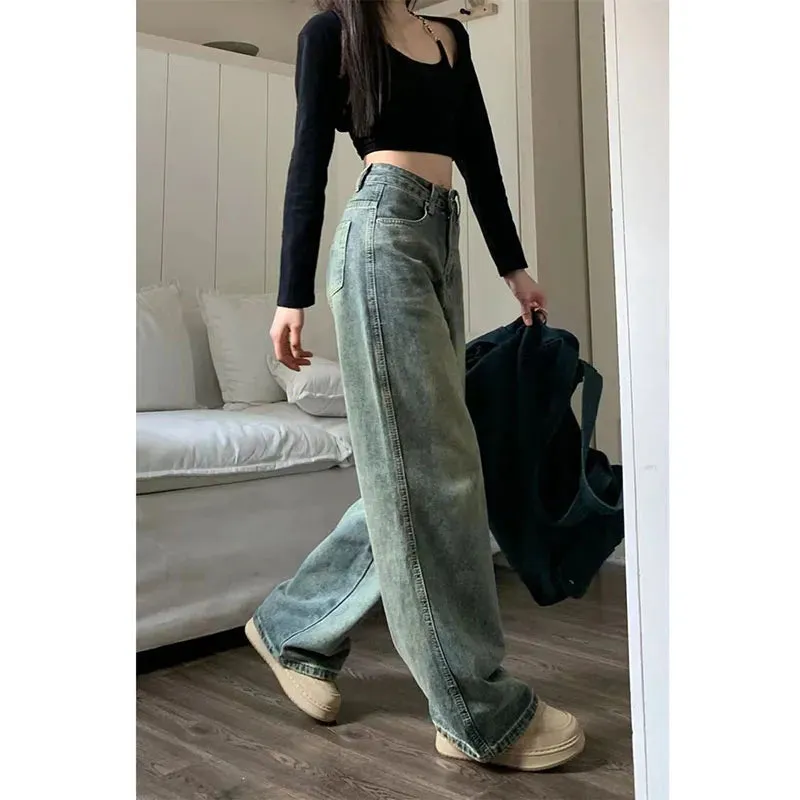 Bonnyshow 3 Vintage 90S Baggy Straight Denim Trousers Female Y2K High Waist Loose Wide Leg Jeans Women Streetwear All-Match Casual Pants New