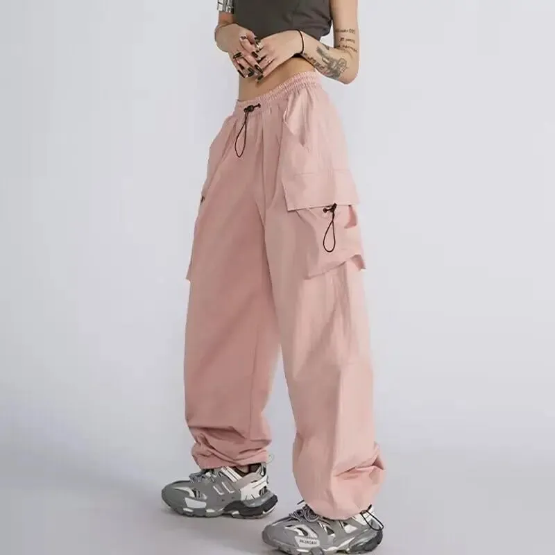 Bonnyshow Cargo Pants Women Baggy Trousers 2023 Fall Streetwear Oversized Pants Vintage Casual Elastic Waist Loose Sweatpants Women