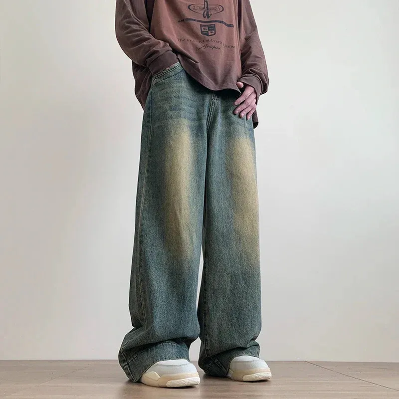 Bonnyshow-Distressed Vintage Blue Jeans Pants Men Wide-leg Denim Trousers Male Oversize Streetwear Fashion Casual Baggy Straight Jeans