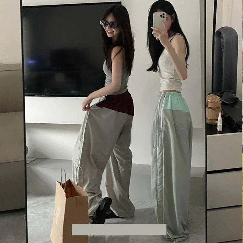 Bonnyshow Harajuku Parachute Cargo Pants Women Kpop Oversized Korean Y2k Streetwear Patchwork Trousers Jogging Sweatpants Hippie