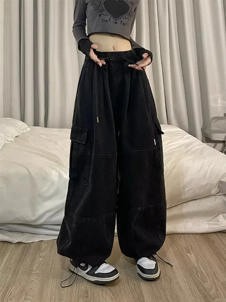 Bonnyshow Korean Y2K Fashion Drawstring Casual Baggy Cargo Jeans Pants Women Clothing Straight Wide Leg Sweatpants Female Trousers