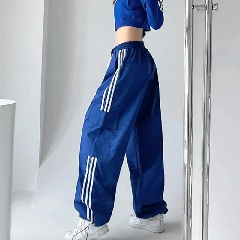 Bonnyshow Striped Sweatpants Women Hip Hop Streetwear Baggy Wide Leg Cargo Pants Bf Y2K High Waist Drawstring Joggers Trousers