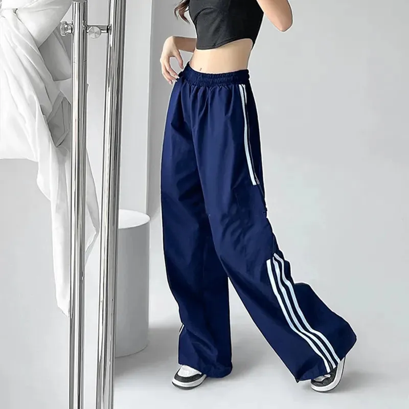 Bonnyshow Striped Sweatpants Women Hip Hop Streetwear Baggy Wide Leg Cargo Pants Bf Y2K High Waist Drawstring Joggers Trousers