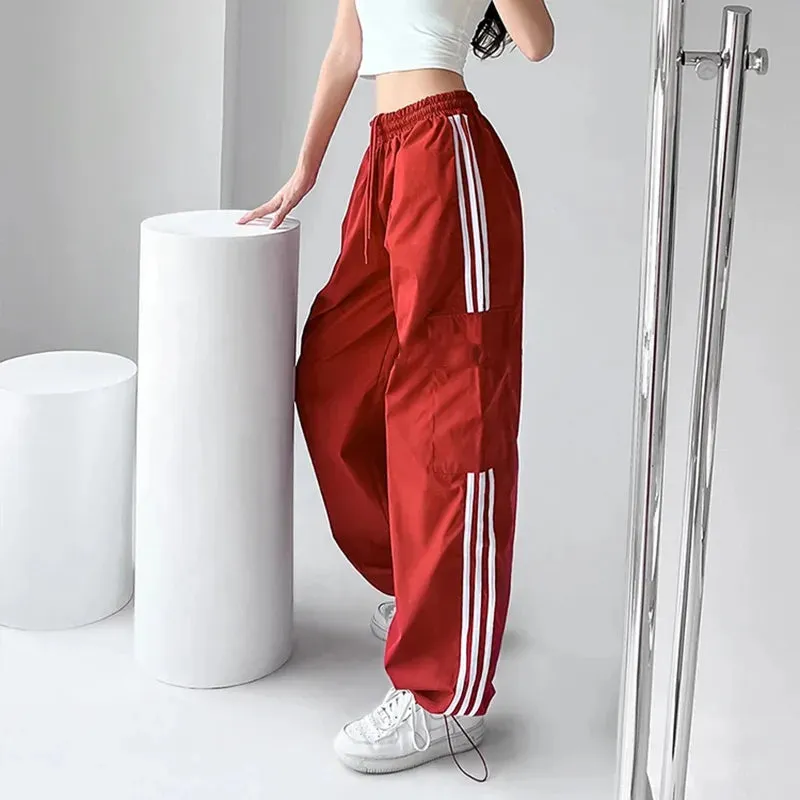 Bonnyshow Striped Sweatpants Women Hip Hop Streetwear Baggy Wide Leg Cargo Pants Bf Y2K High Waist Drawstring Joggers Trousers