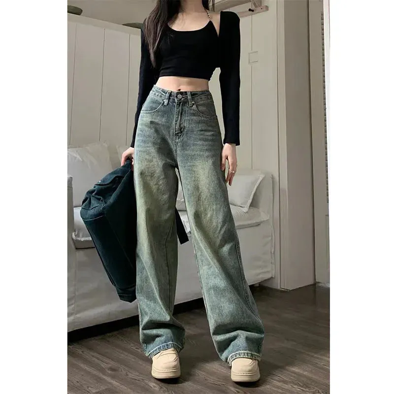 Bonnyshow Vintage Wide Leg Jeans for Women Streetwear High Waist Loose Straight Denim Pants Female Spring Wild Casual Trousers