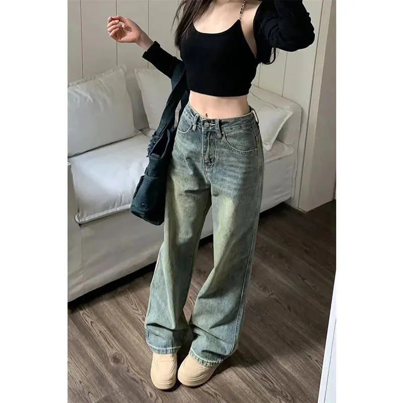 Bonnyshow Vintage Wide Leg Jeans for Women Streetwear High Waist Loose Straight Denim Pants Female Spring Wild Casual Trousers