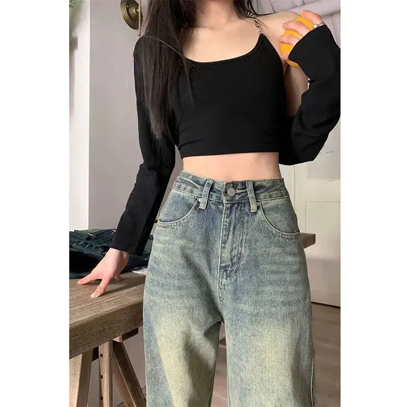 Bonnyshow Vintage Wide Leg Jeans for Women Streetwear High Waist Loose Straight Denim Pants Female Spring Wild Casual Trousers