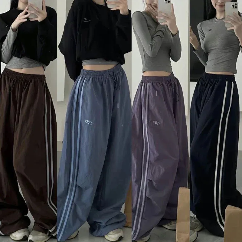 Bonnyshow Y2K Women Cargo Pants Vintage Streetwear Baggy Wide Leg Sweatpants Casual Drawstring Oversize Pockets Tech Fashion Trousers