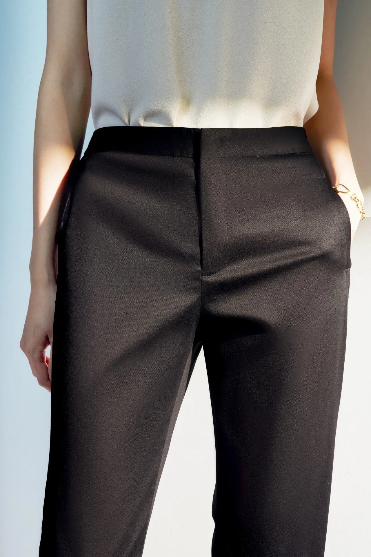 Cotton Blend Spandex Satin Cropped Cigarette Pants With Elastic Waistband