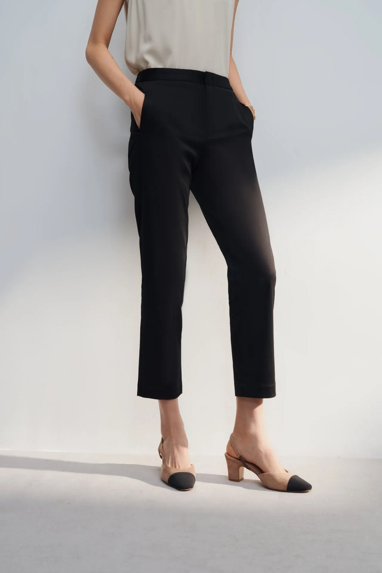 Cotton Blend Spandex Satin Cropped Cigarette Pants With Elastic Waistband