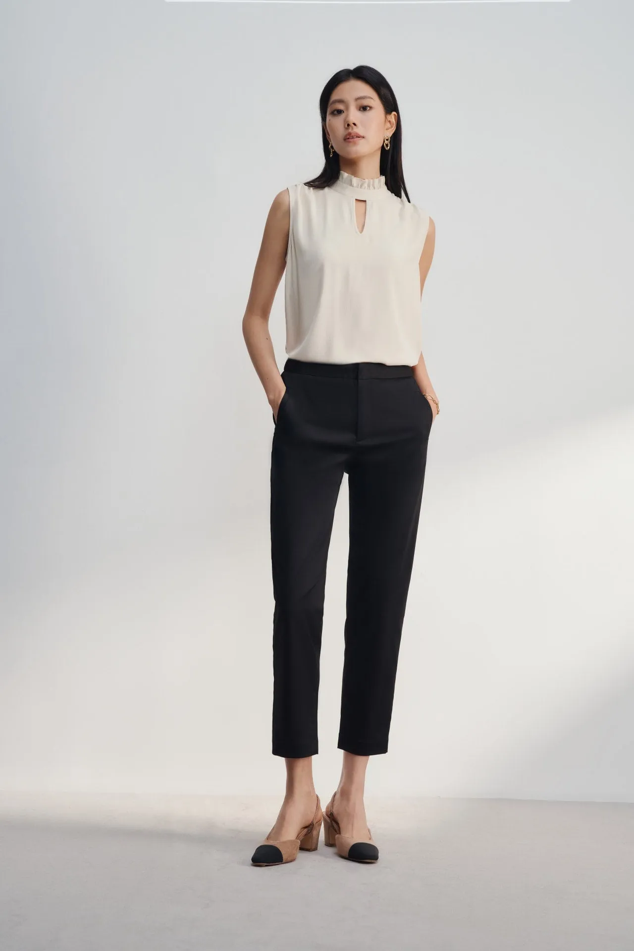 Cotton Blend Spandex Satin Cropped Cigarette Pants With Elastic Waistband