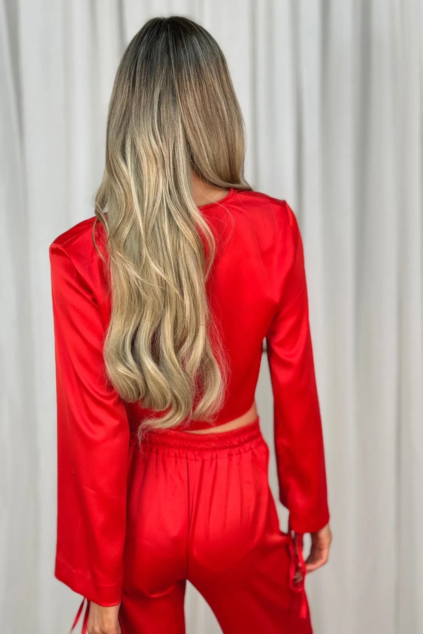 Erica Tie Front Satin Blouse In Red