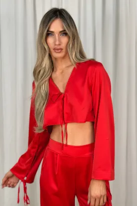 Erica Tie Front Satin Blouse In Red