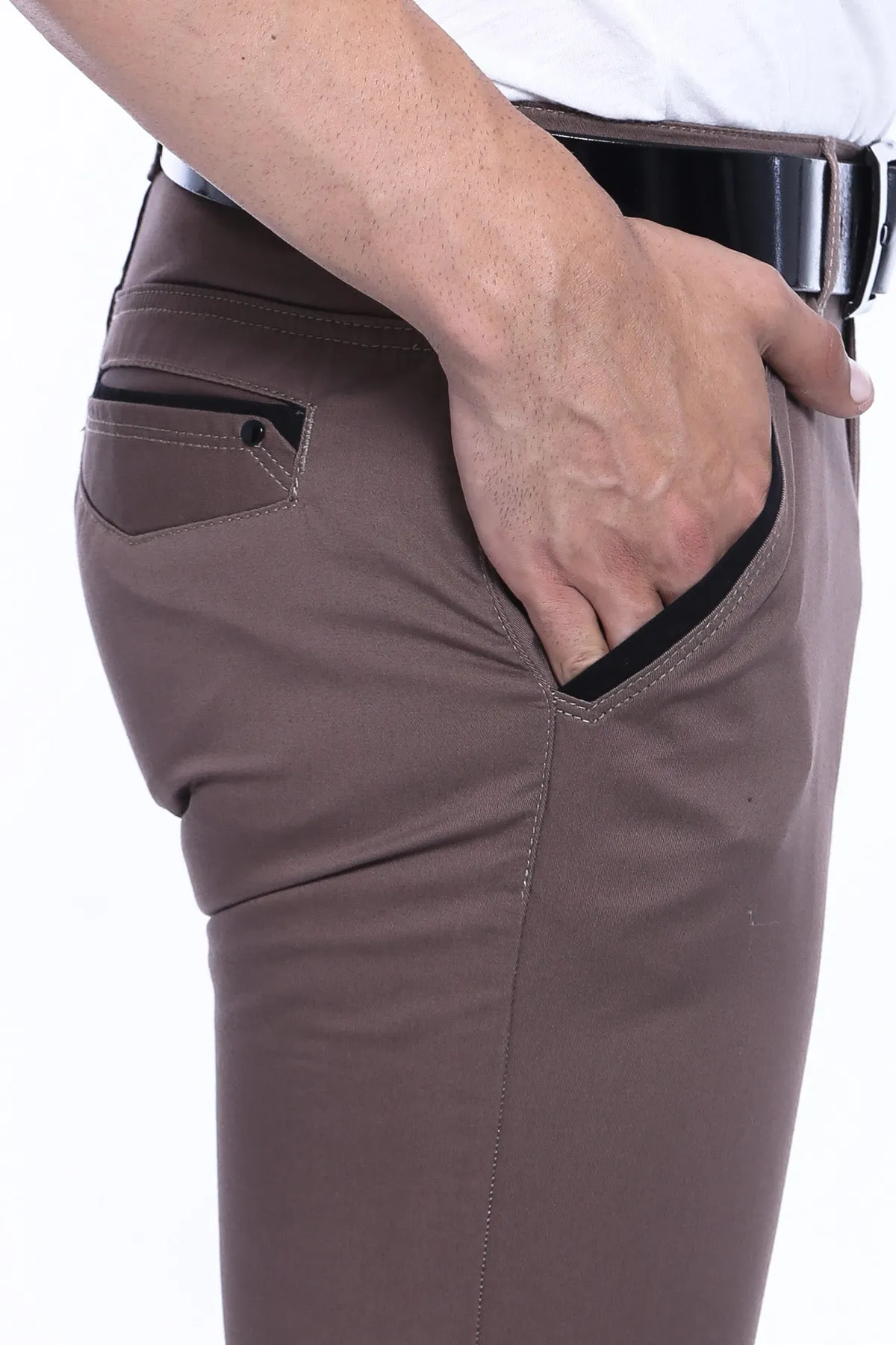 Garment Stitched Pockets Cotton Dark Beige Men Trousers