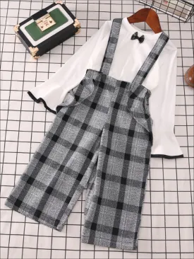 Girls Preppy White Bell Sleeve Blouse And Plaid Culotte Pants Set