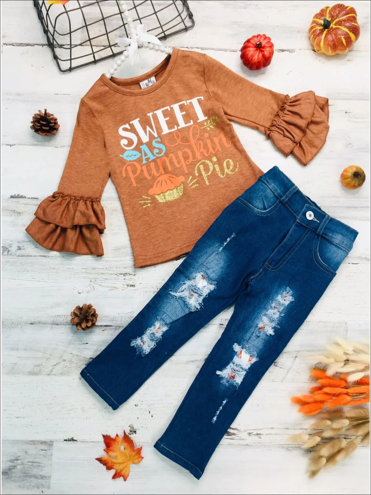 Girls "Sweet as Pumpkin Pie" Long Sleeve Ruffled Top And Ripped Jeans Set