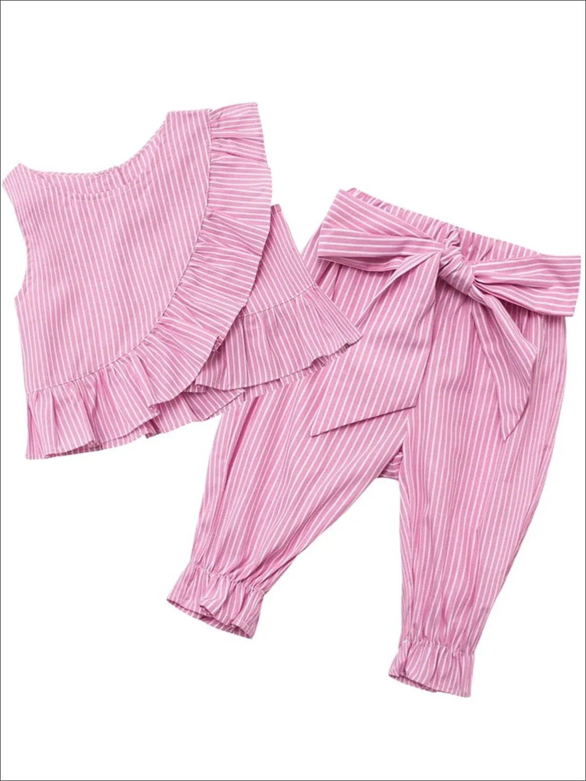 Girls Ruffled Faux Wrap Sleeveless Top And Bow Tie Tapered Pants