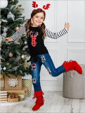 Girls Striped Sleeve Plaid Reindeer Knot Top And Ripped Jeans Set