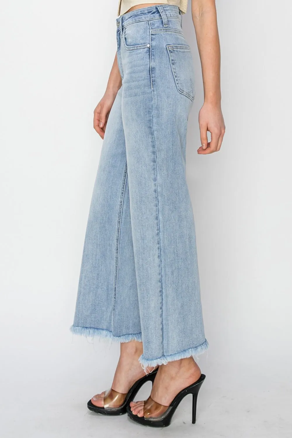 High Rise Crop Wide Fray Hem Jeans