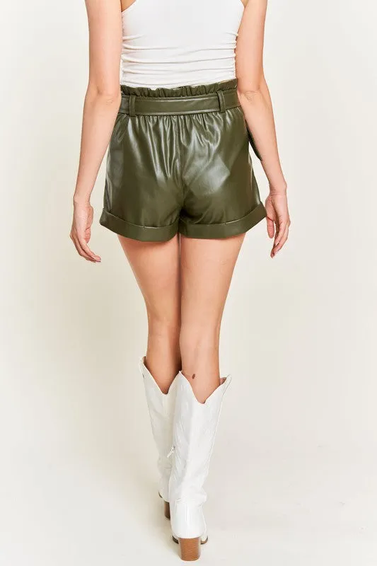 High-rise waist Belted Faux Leather Short