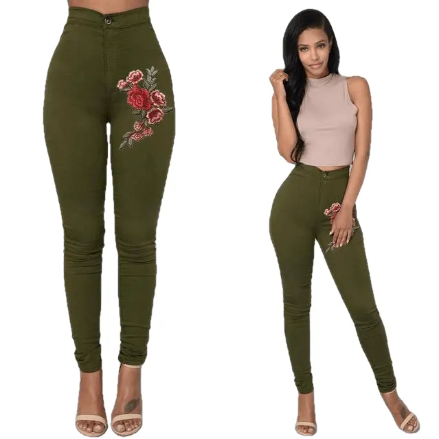 High Waist Emboridered Skinny Long Slim Leggings Jeans