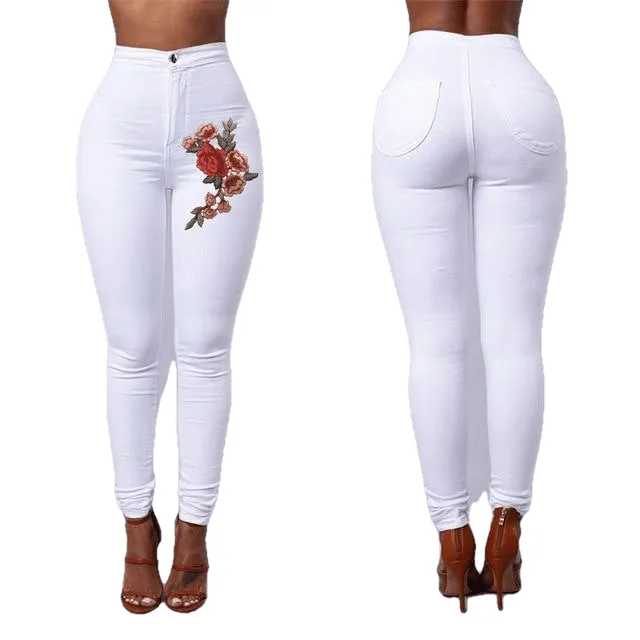 High Waist Emboridered Skinny Long Slim Leggings Jeans