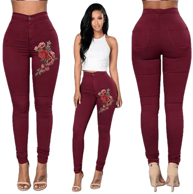 High Waist Emboridered Skinny Long Slim Leggings Jeans