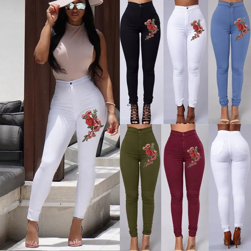 High Waist Emboridered Skinny Long Slim Leggings Jeans