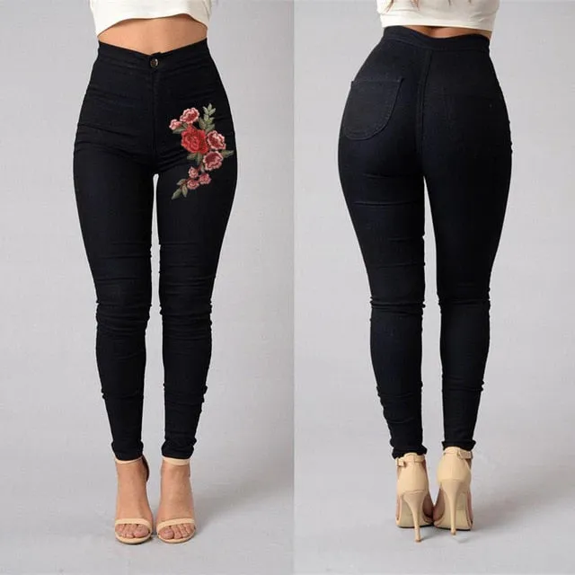 High Waist Emboridered Skinny Long Slim Leggings Jeans