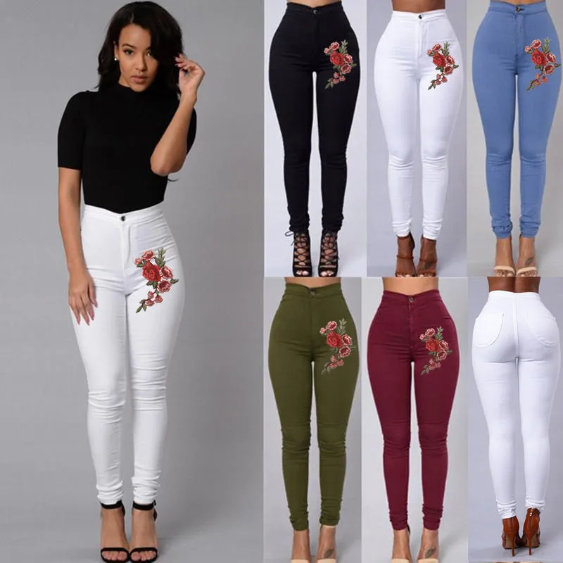 High Waist Emboridered Skinny Long Slim Leggings Jeans