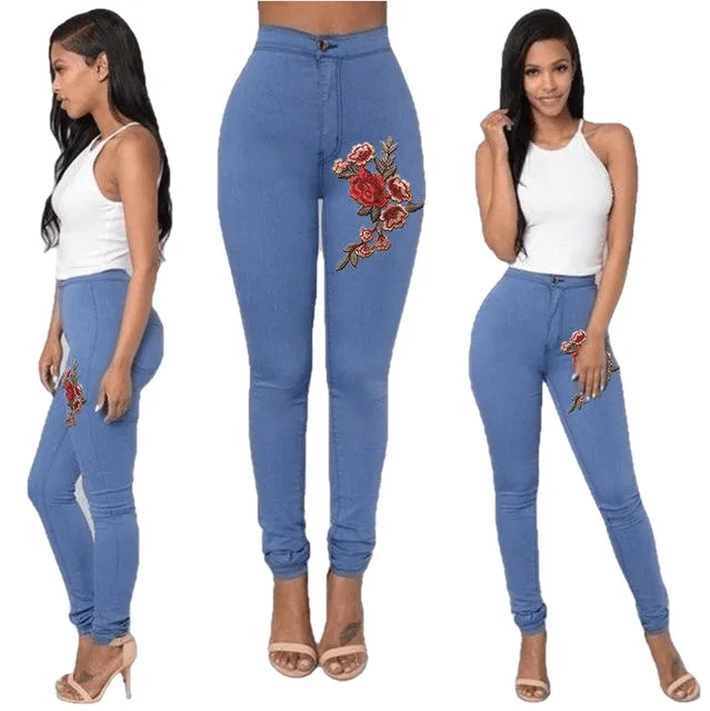 High Waist Emboridered Skinny Long Slim Leggings Jeans