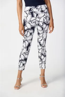 Joseph Ribkoff Midnight Blue/Vanilla Leaf Print Stretch Pull On Cropped Pants 241270