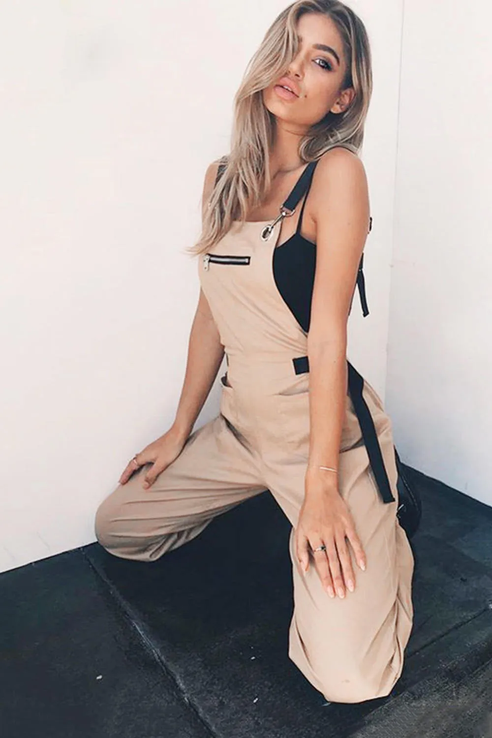 Khaki Cargo Overalls Strappy Jumpsuits