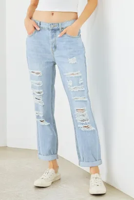 Light Blue Denim Cotton Ripped High Waist Jeans